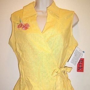 Linen Elegant Classic Yellow Wrap Embroidered Top